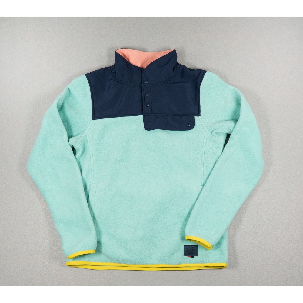 Herschel Supply Co Fleece Pullover Mint Green Navy Blue Colorblock Snap Neck S